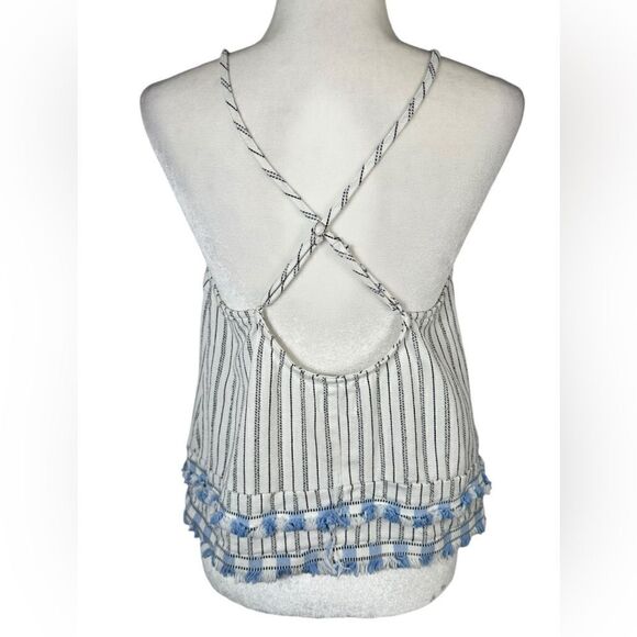 SUBOO White & Baby Blue Striped Fringe Trim Boho Tank Top - Picture 5 of 7